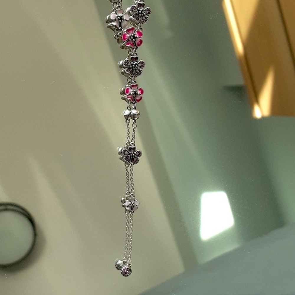 925 Sterling Silver Floral Enamel Lariat Necklace - Picture 4 of 8